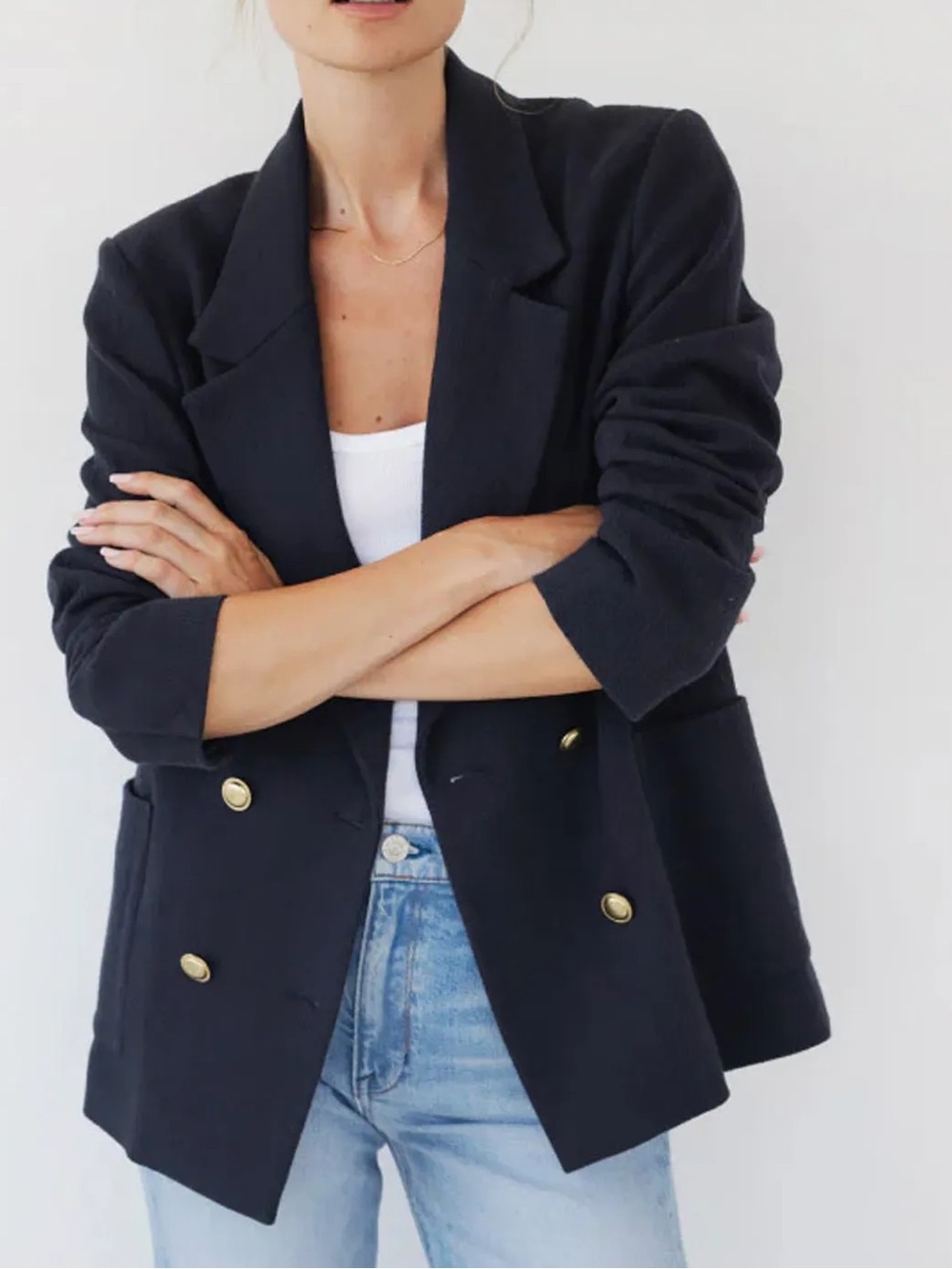 AYR Navy Organic Cotton Blend Double-Breasted Blazer with Gold Buttons Small